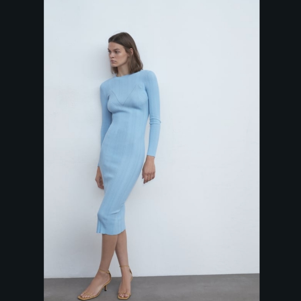NWT Zara Fitted Knit Midi Dress Open Back Light Blue Size L